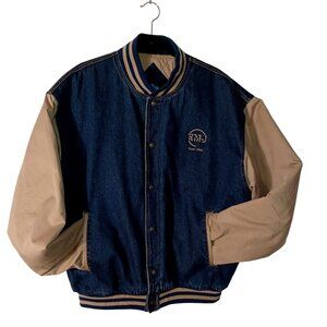 Denim Bomber Vintage Jacket Tri-Mountain Men's XL Varsity Workwear Snaps Khaki